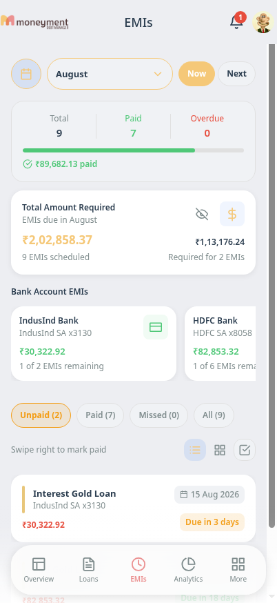 EMIs screen with due and paid EMIs